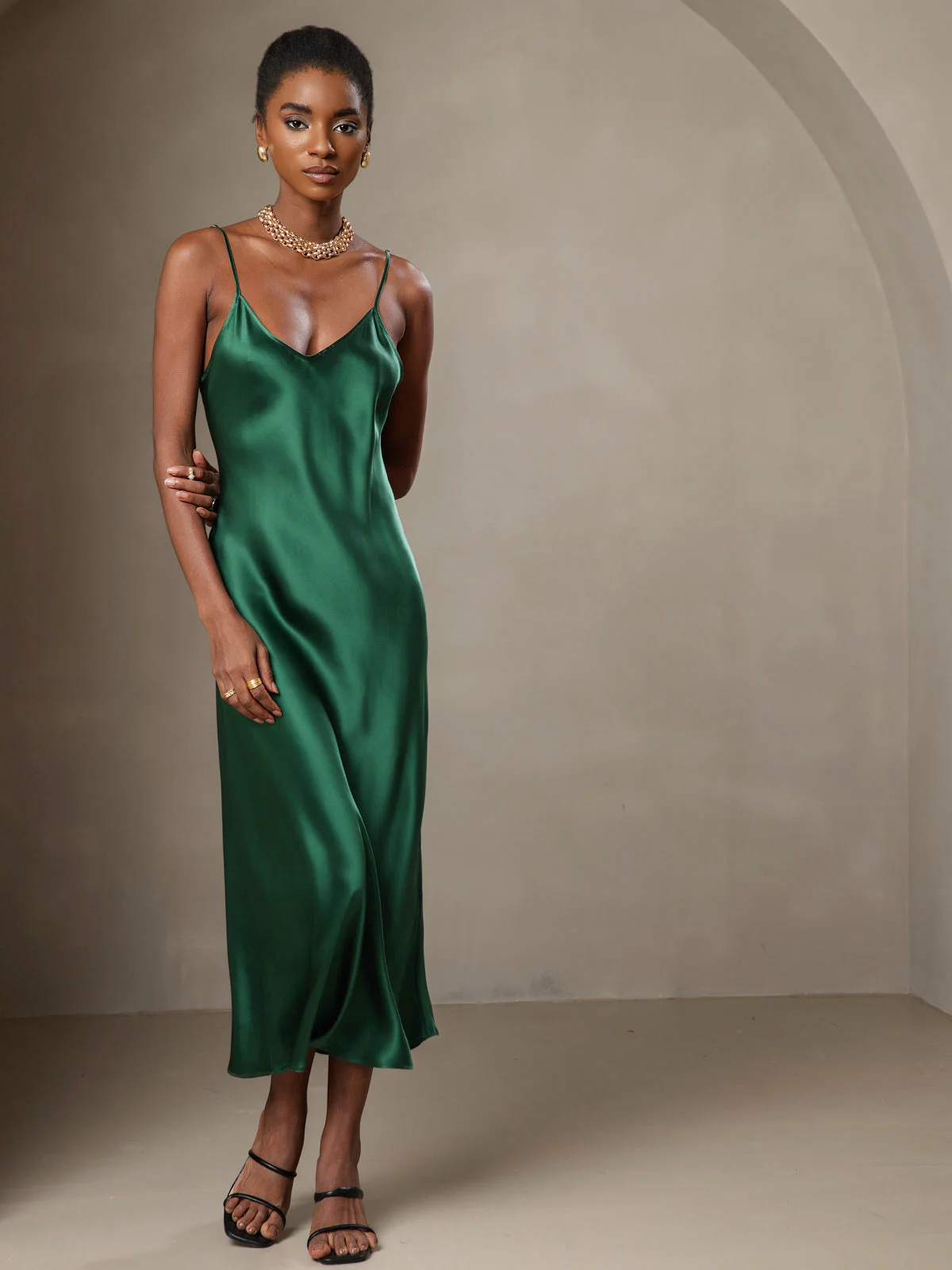 Pure Silk Spaghetti Strap V Neck Midi Dress - Image 29