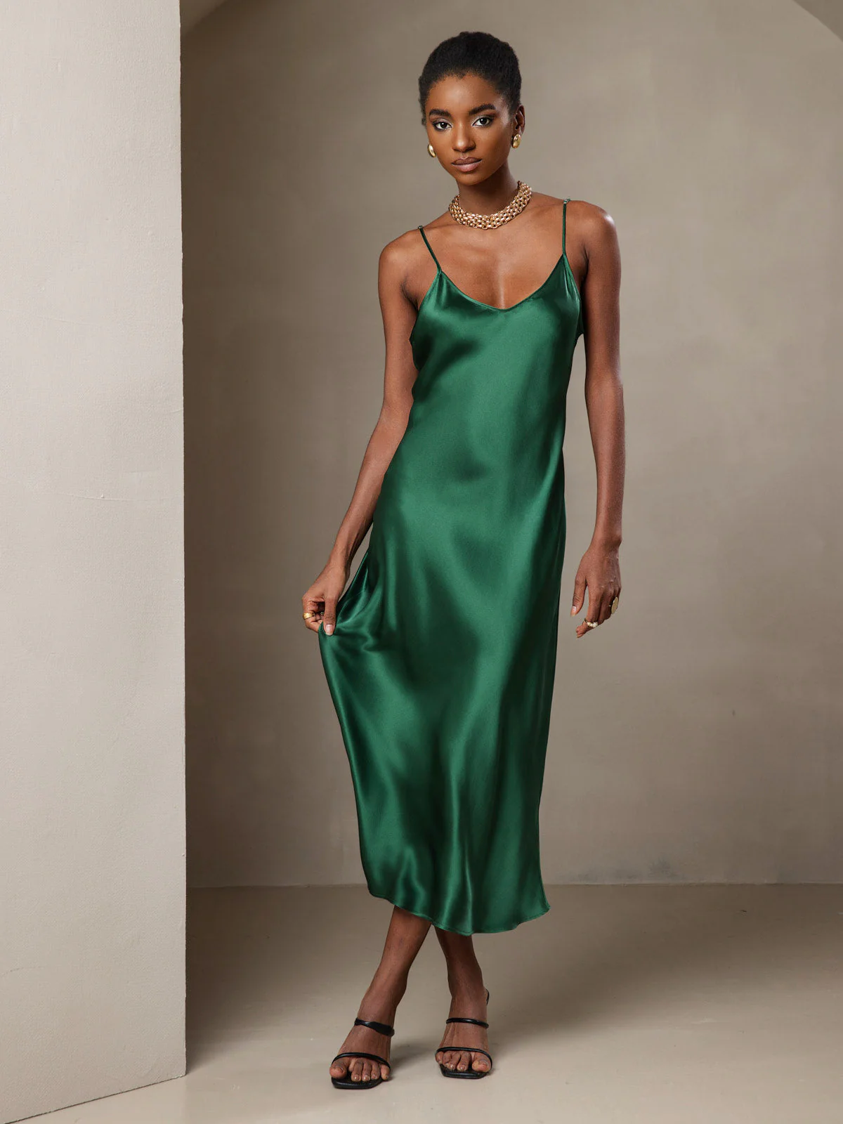 Pure Silk Spaghetti Strap V Neck Midi Dress - Image 34