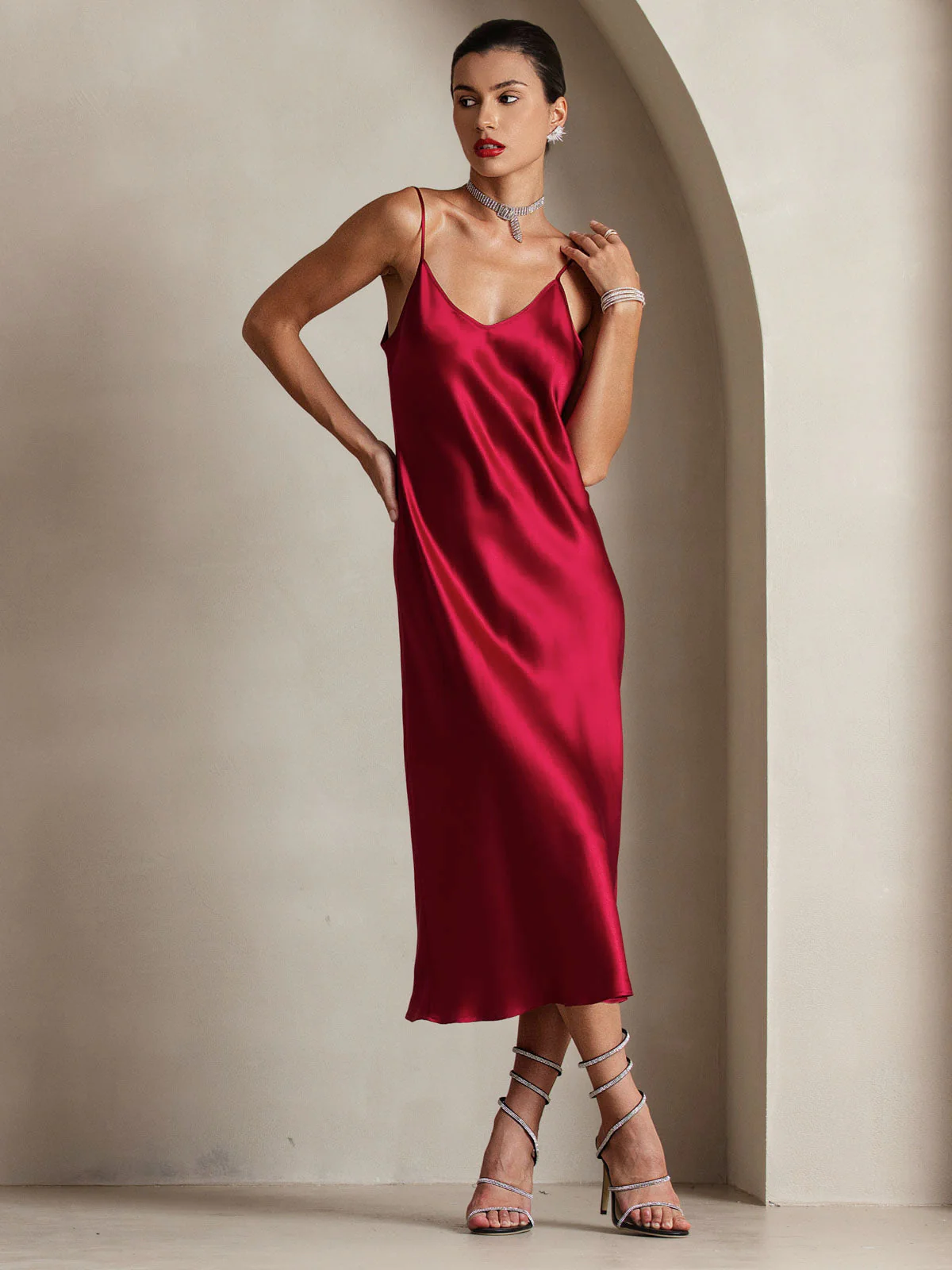 Pure Silk Spaghetti Strap V Neck Midi Dress - Image 43
