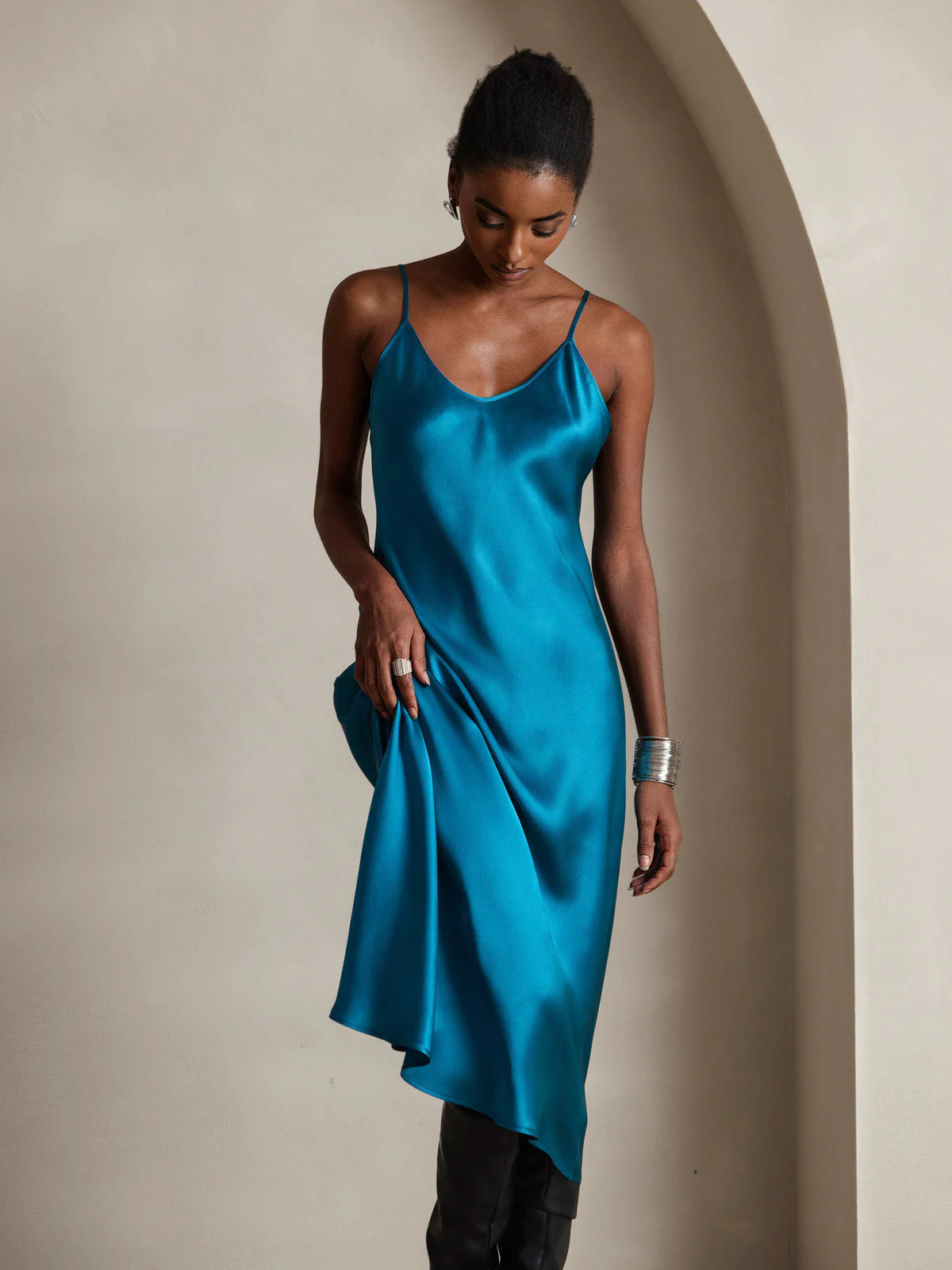Pure Silk Spaghetti Strap V Neck Midi Dress - Image 74