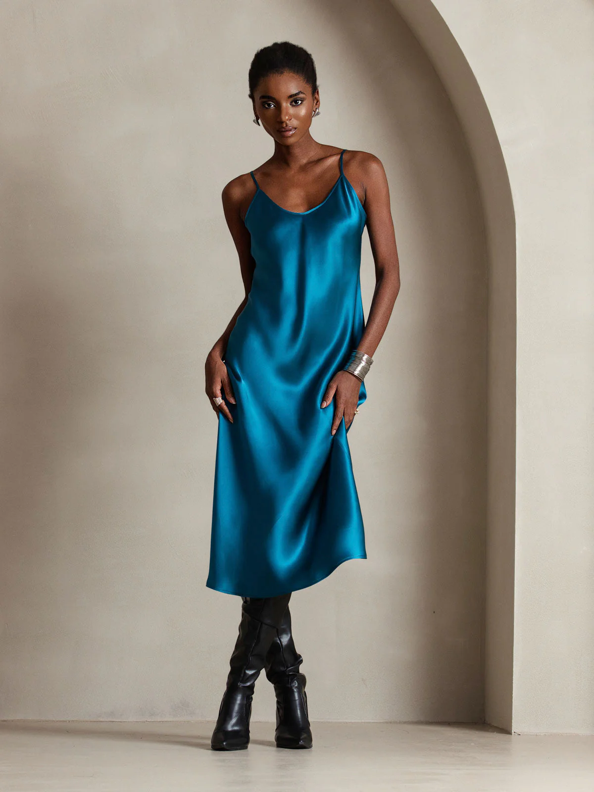 Pure Silk Spaghetti Strap V Neck Midi Dress - Image 77