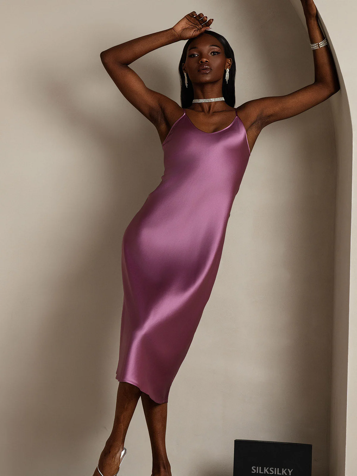 Pure Silk Spaghetti Strap V Neck Midi Dress - Image 83