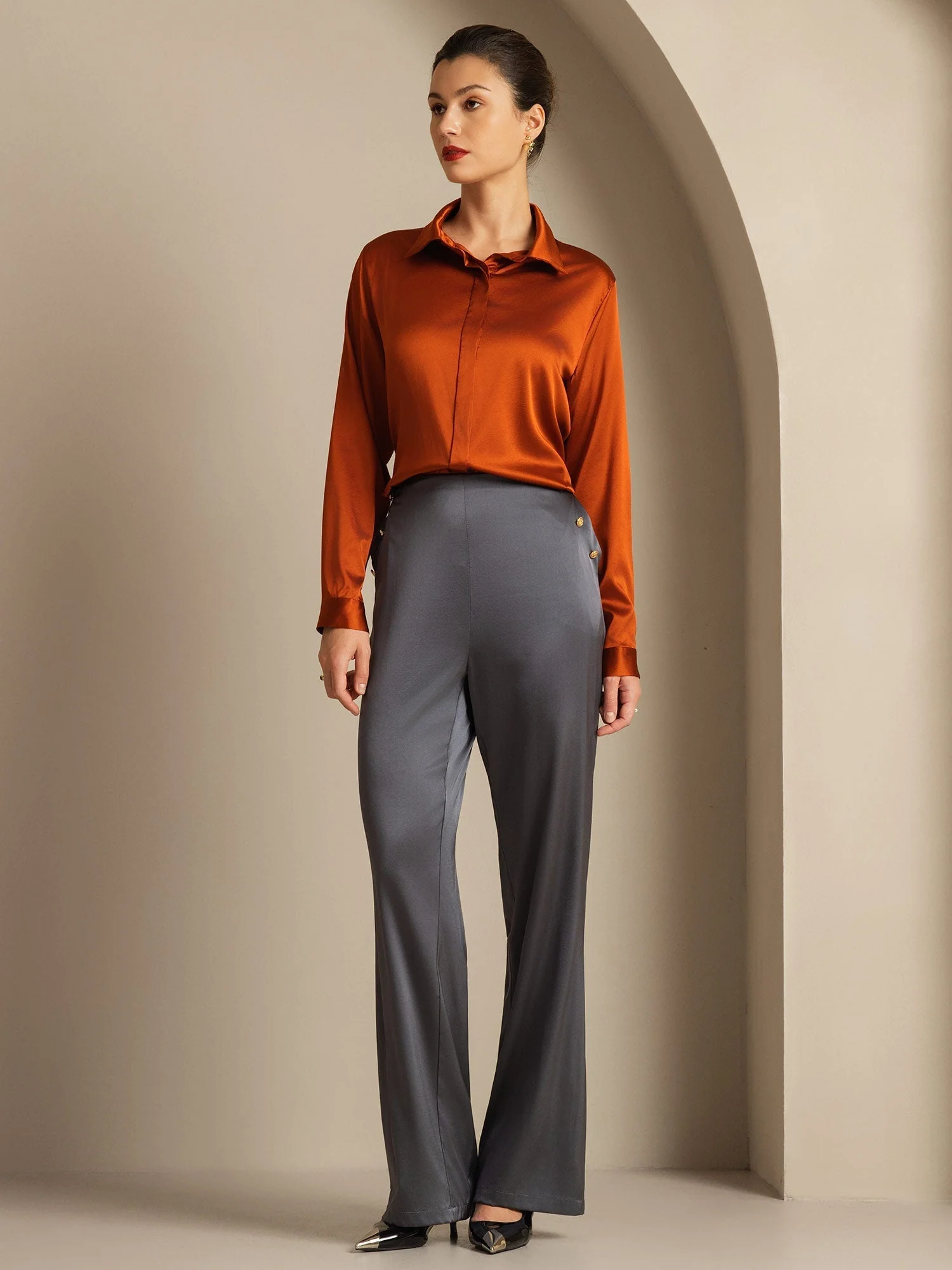 19Momme Silk High Waist Straight Fit Women's Pants with Back Elastic Waist Design - Image 24
