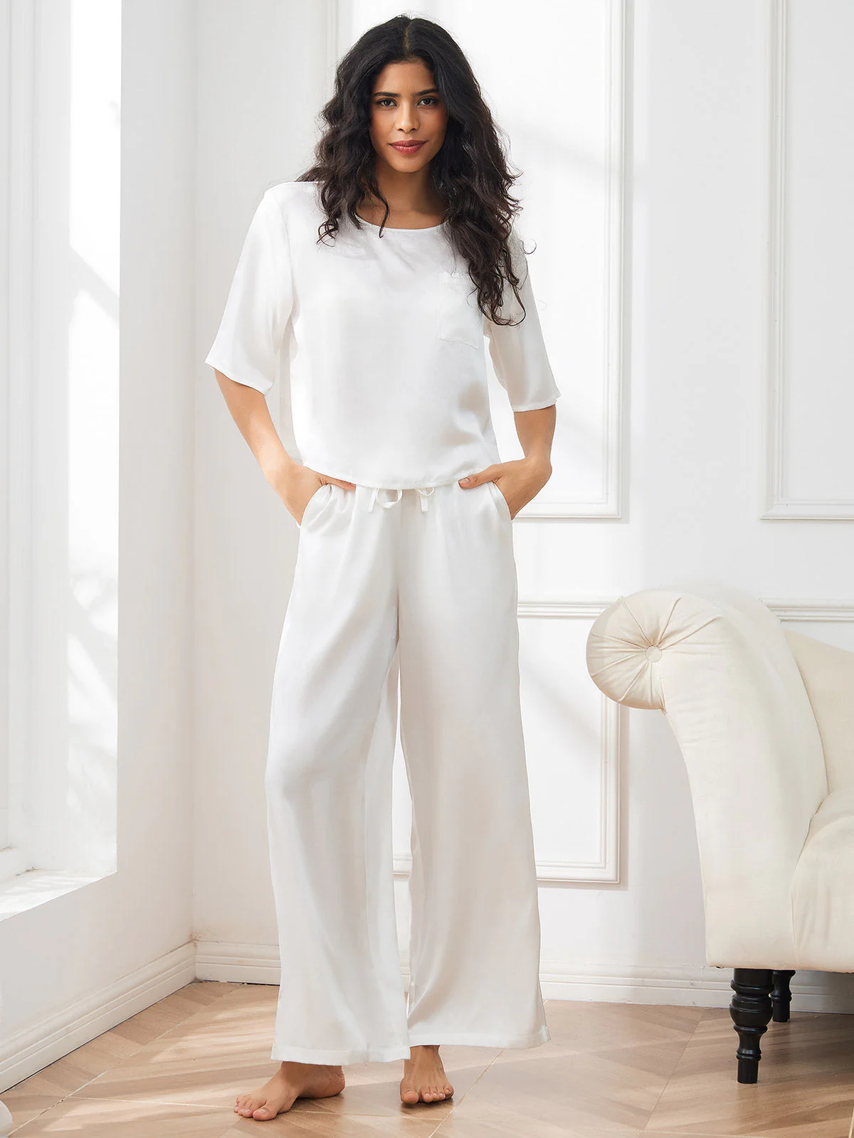 Women's Pure Silk Half Sleeve Round Neck Pyjamas Set - Image 38