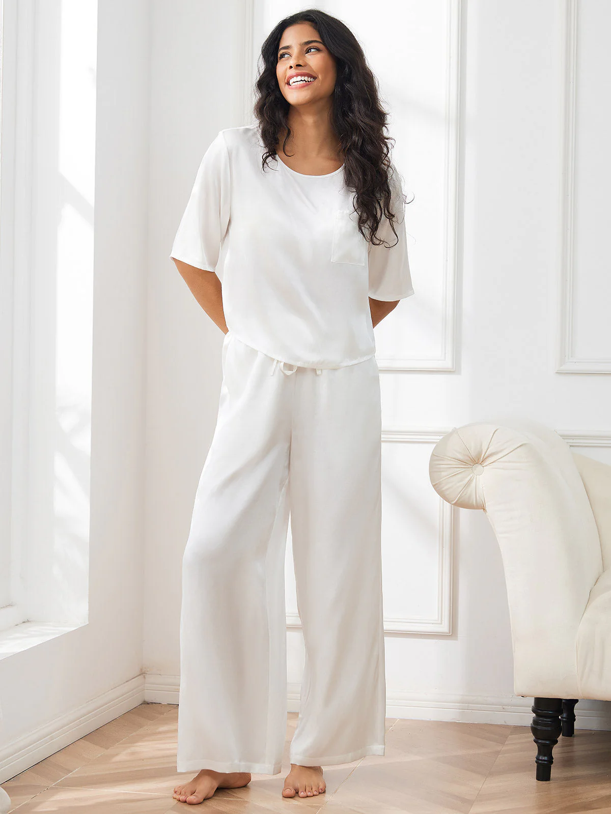 Women's Pure Silk Half Sleeve Round Neck Pyjamas Set - Image 39