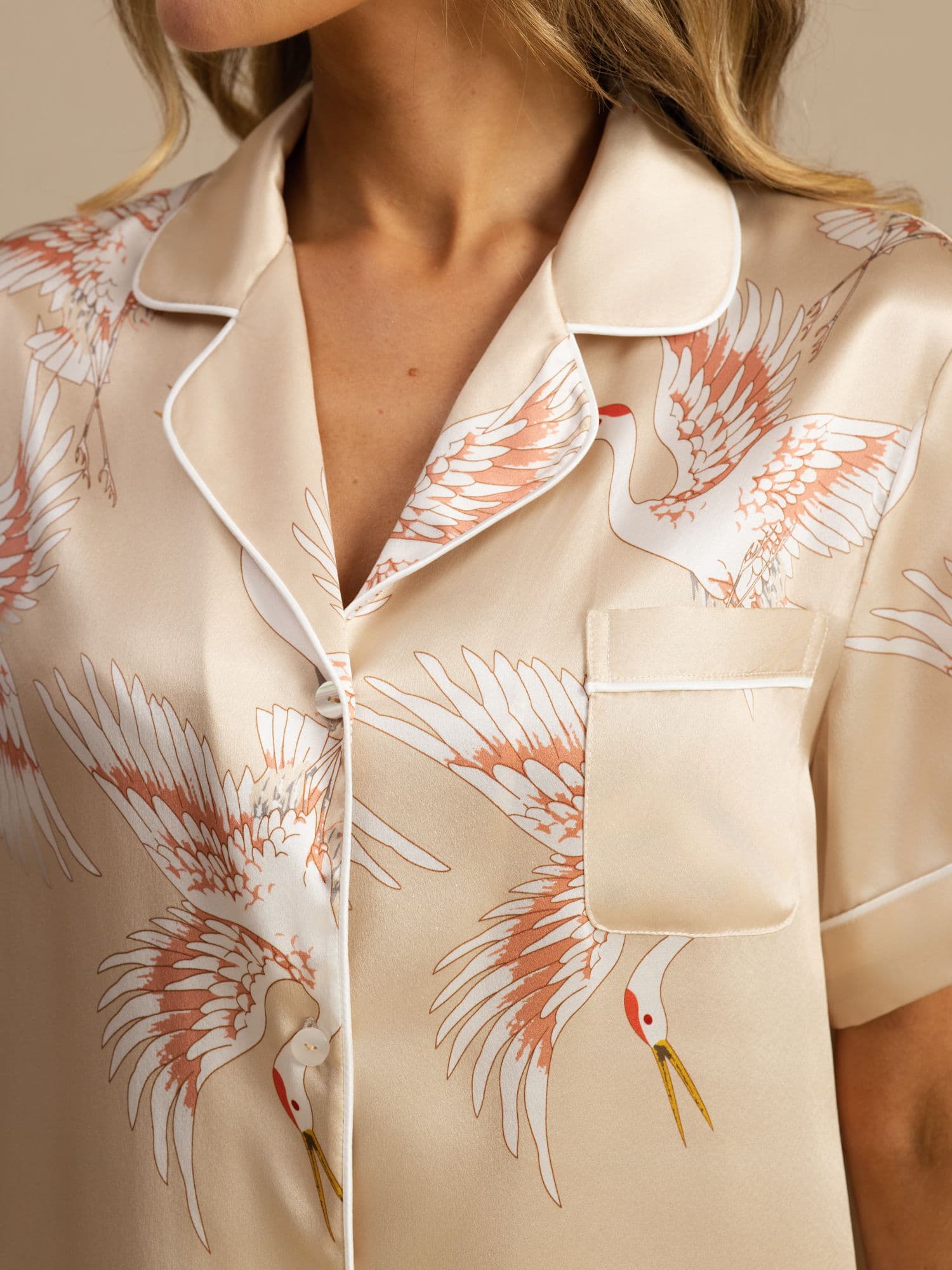 19Momme Women's Pure Silk Crane Print Short Sleeve Pyjamas Set - Image 26