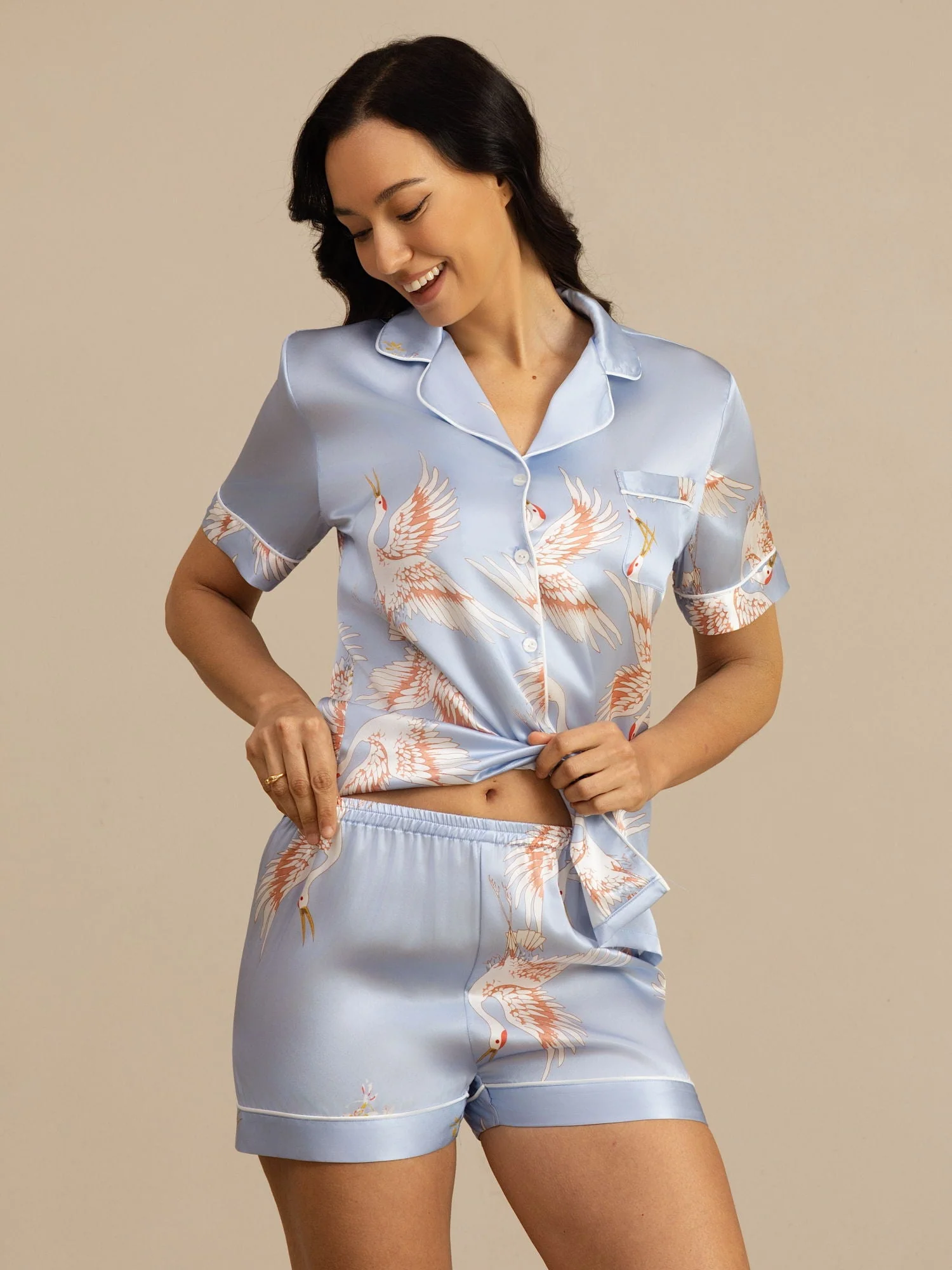 19Momme Women's Pure Silk Crane Print Short Sleeve Pyjamas Set - Image 32