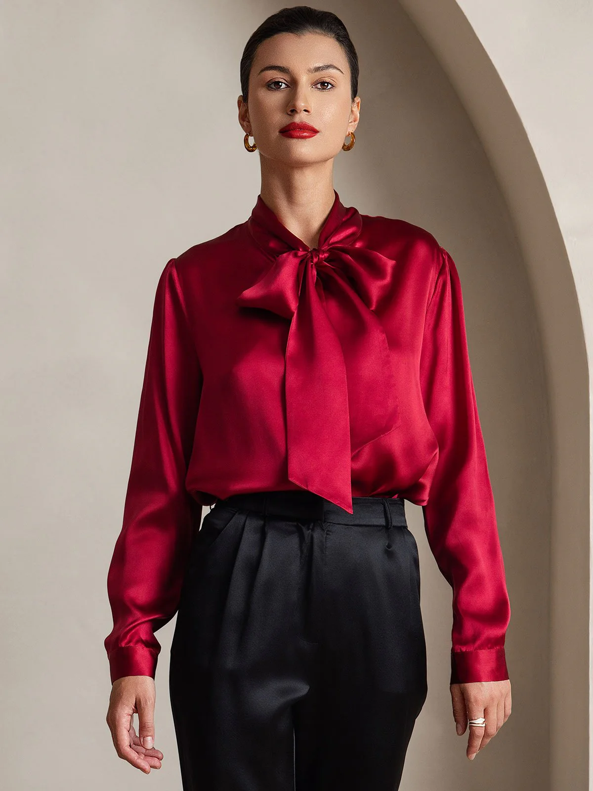 19Momme Silk Long Sleeve Tie Neck Blouse - Image 16