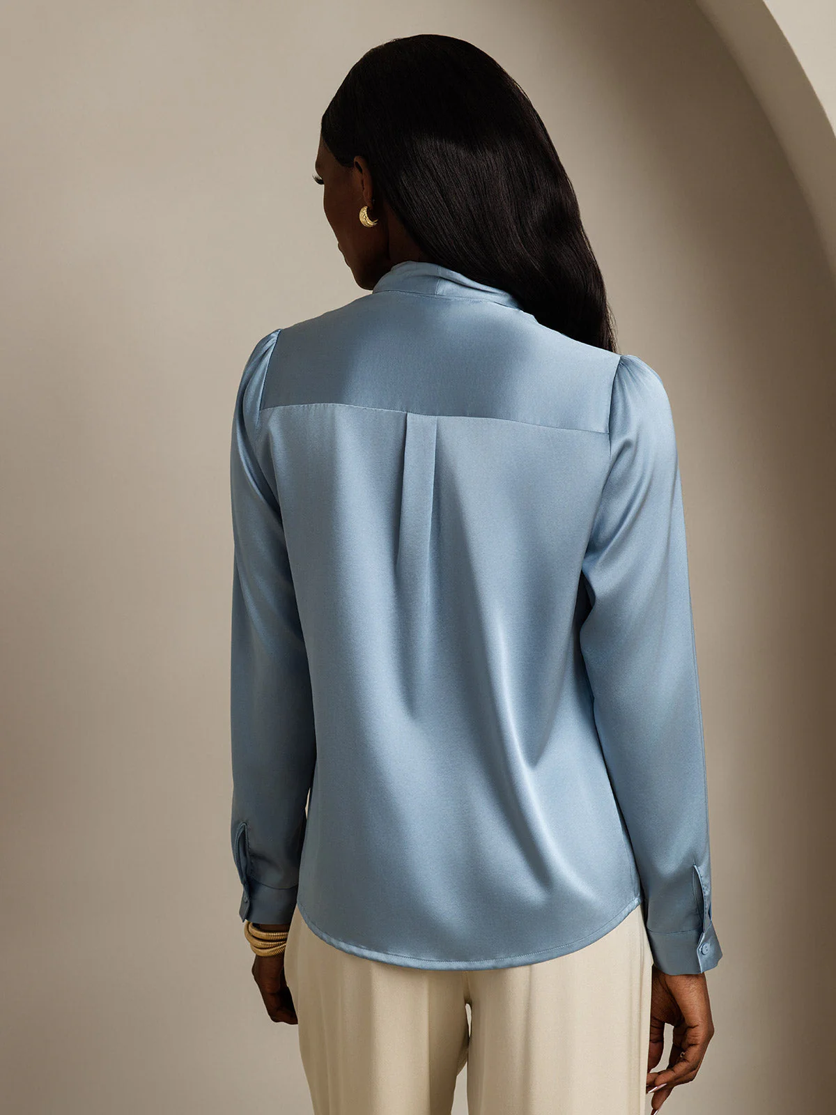 19Momme Silk Long Sleeve Tie Neck Blouse - Image 2