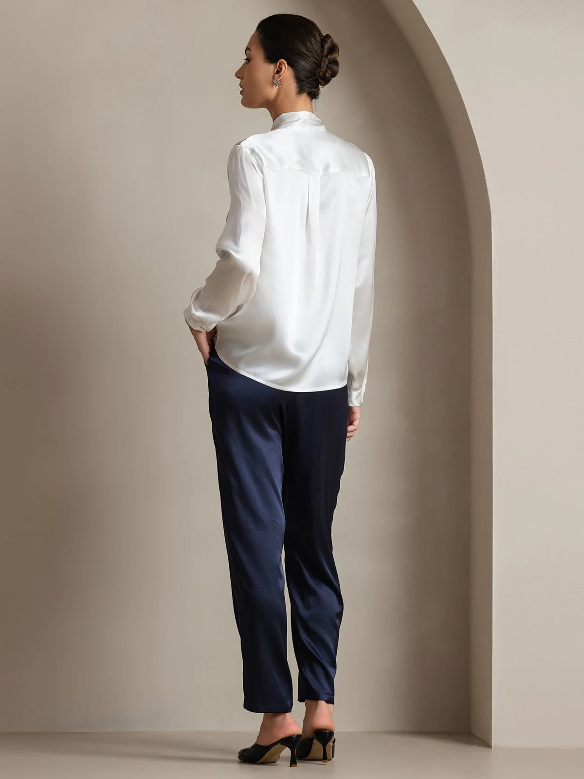 19Momme Silk Long Sleeve Tie Neck Blouse - Image 23