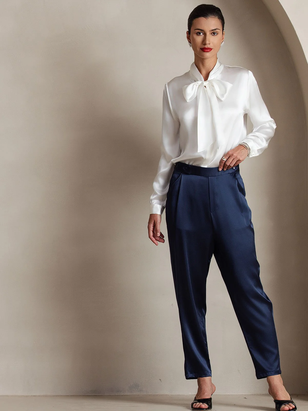 19Momme Silk Long Sleeve Tie Neck Blouse - Image 29