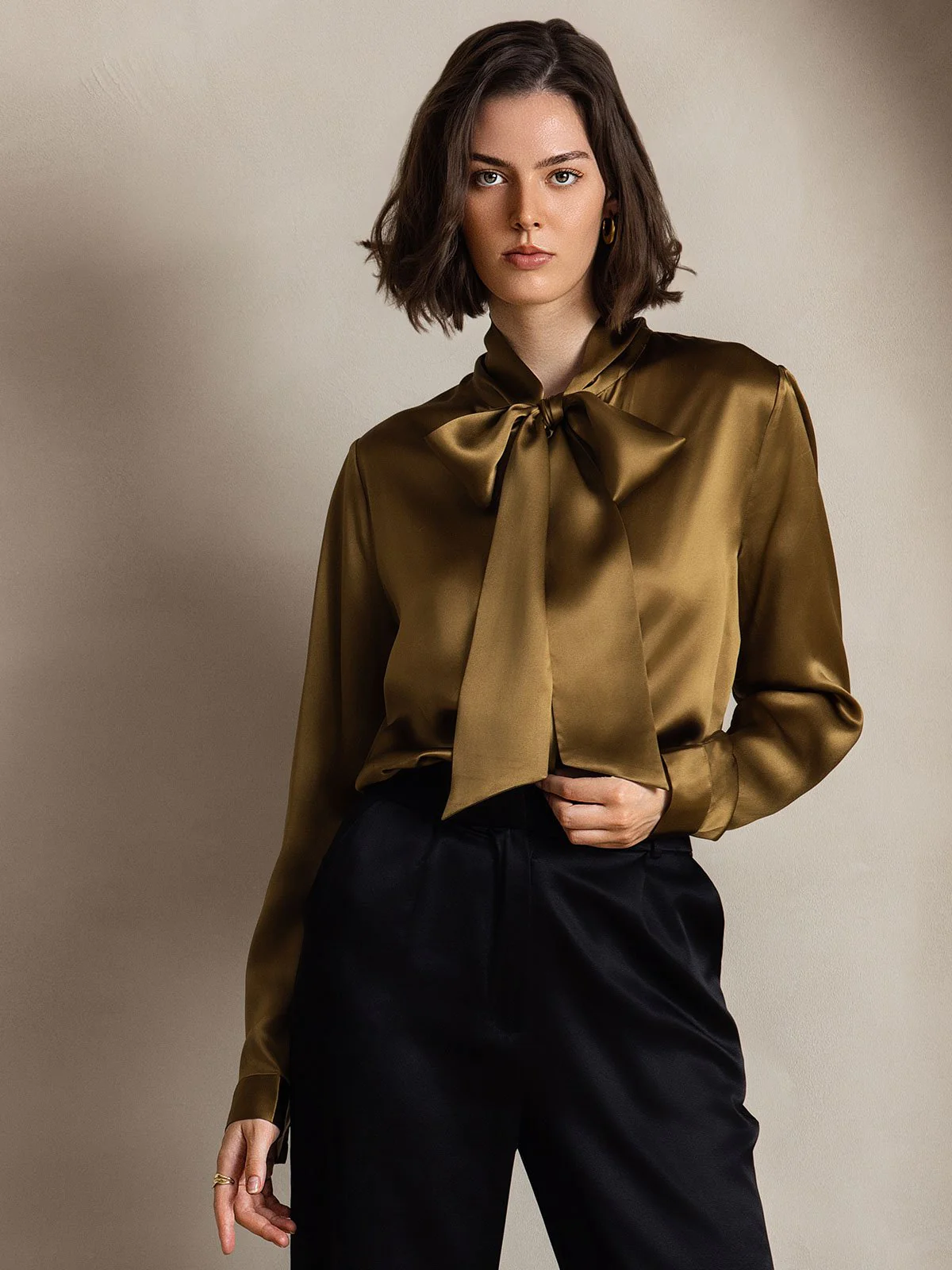 19Momme Silk Long Sleeve Tie Neck Blouse - Image 33