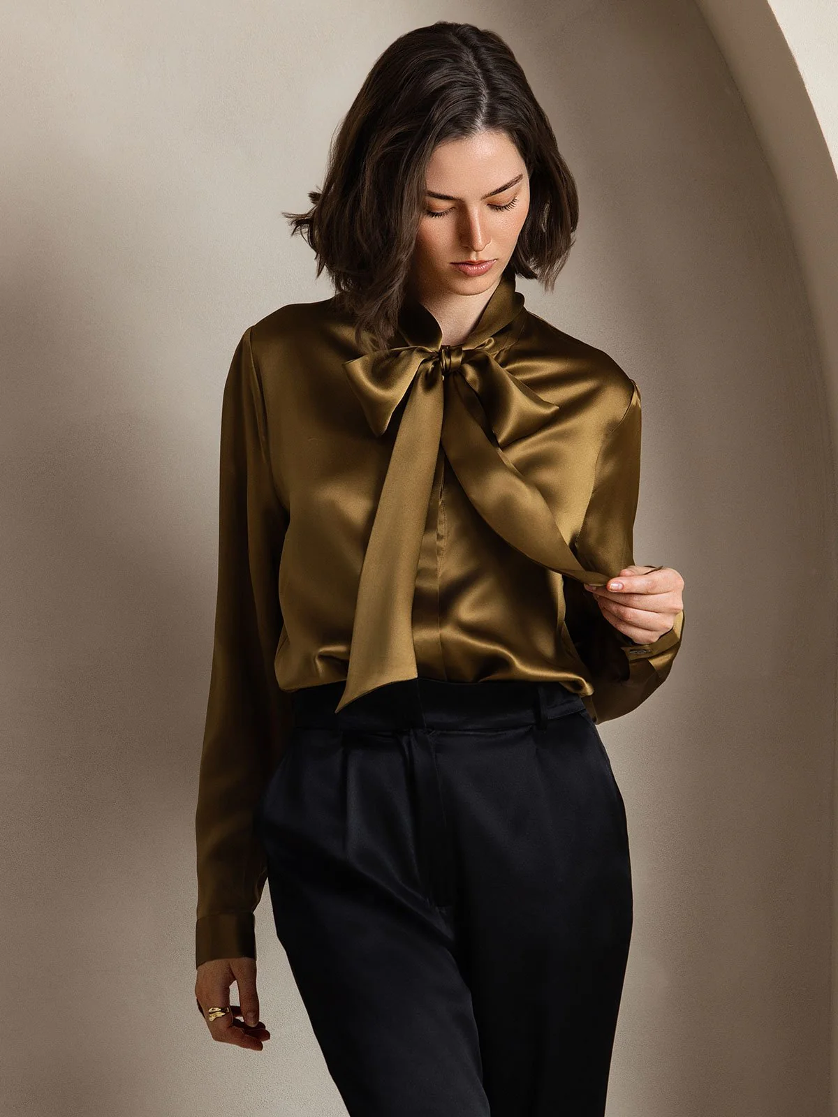 19Momme Silk Long Sleeve Tie Neck Blouse - Image 34