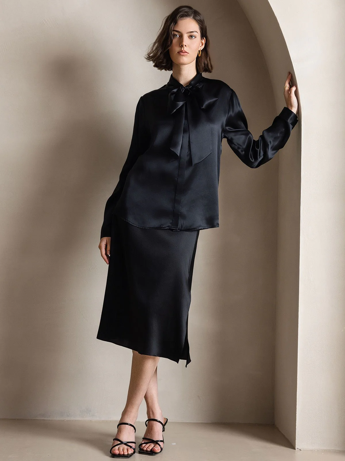 19Momme Silk Long Sleeve Tie Neck Blouse - Image 42