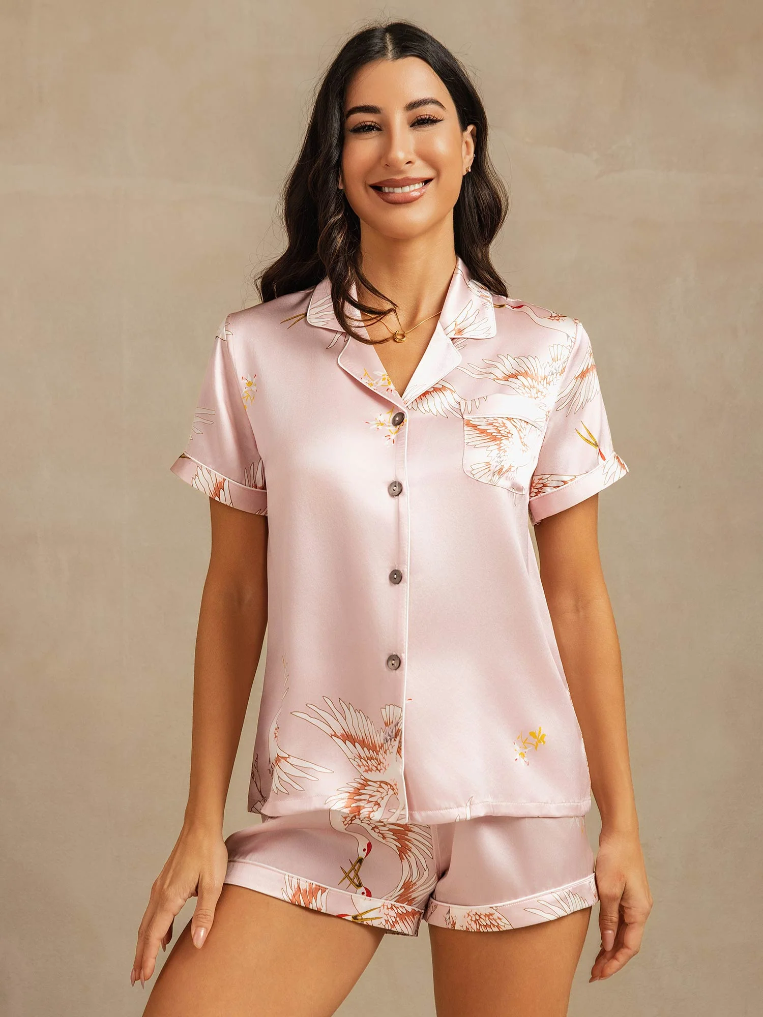 19Momme Women's Pure Silk Crane Print Short Sleeve Notch Collar Pyjamas Set